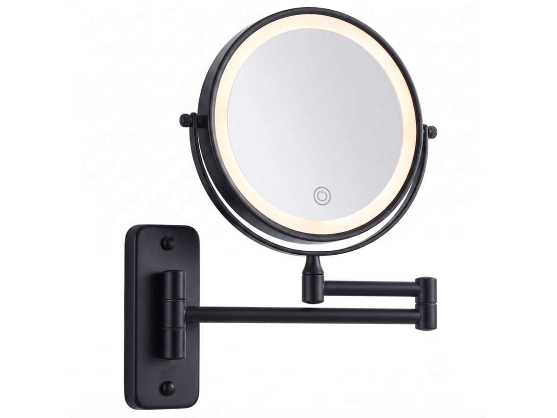 Espelho De Maquilhagem De Parede Relaxdays, Led, Ampliação 10x, Giratório 360°, Ø20 Cm, Metal, Bateria Usb, Preto