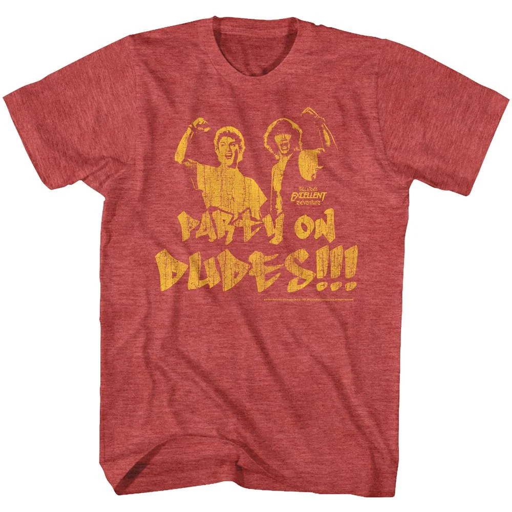 Rockinstone Bill And Ted Party On Fade Heather Red Adult T-shirt Size:xxl