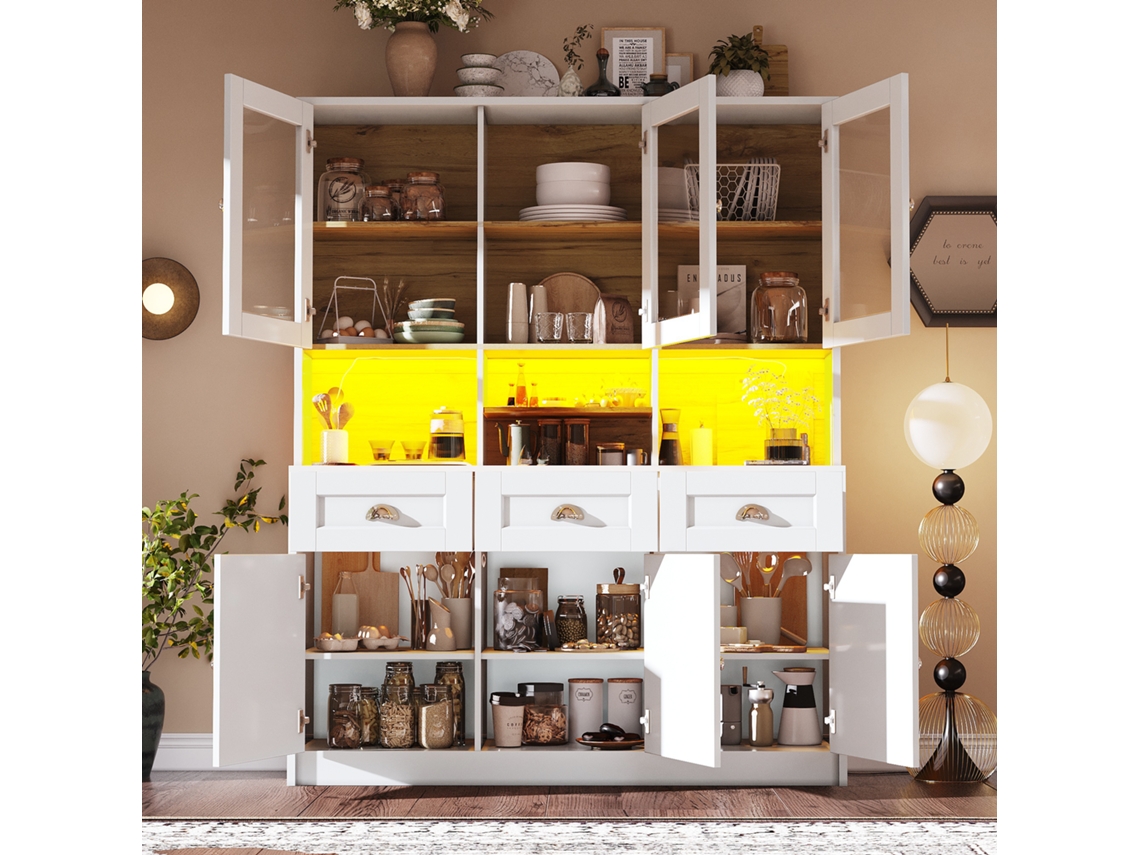 Armário De Cozinha 140x40x175cm,buffet Vertical Com Prateleiras Ajustáveis,móvel Com Iluminação Led Em Cores Variáveis,branco E Preto