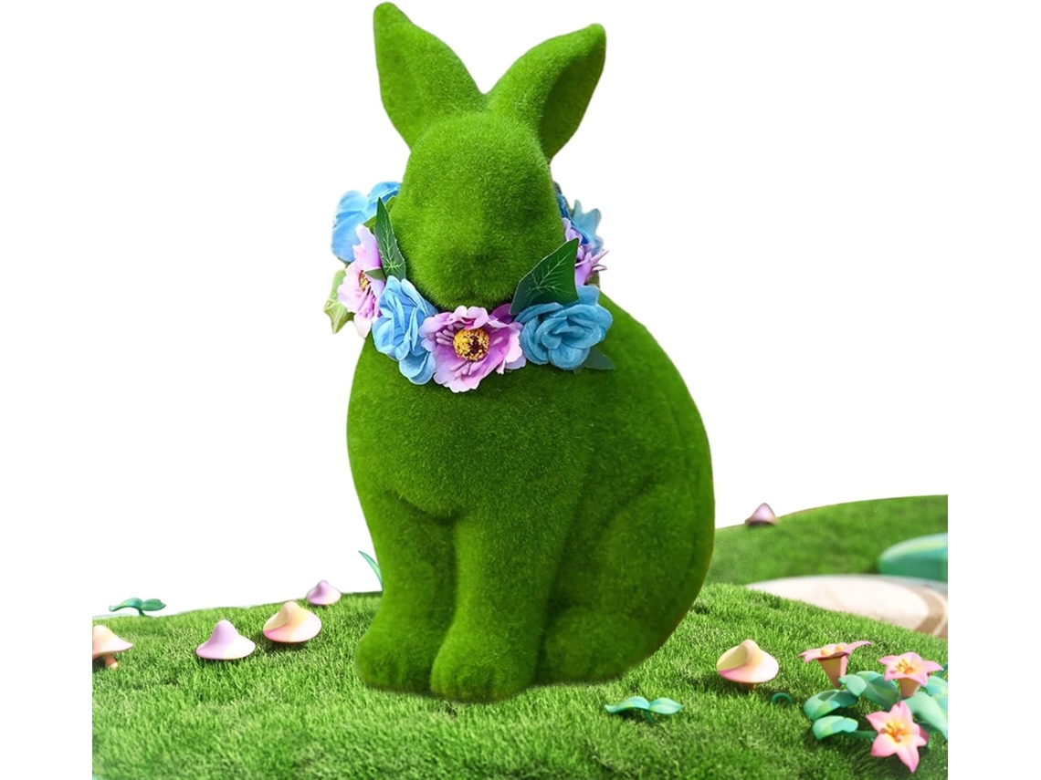 Estatueta de Coelho da Páscoa Decoração 3d em Resina Verde com Guirlanda de Flores para Casa e Jardim Decoração de CHABERLU