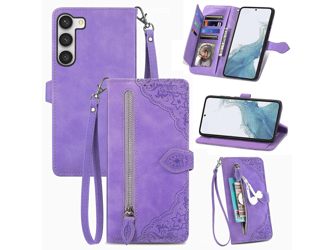 Capa De Couro Com Zíper E Estampa Floral Em Relevo Para Samsung Galaxy S23 Ultra 5g