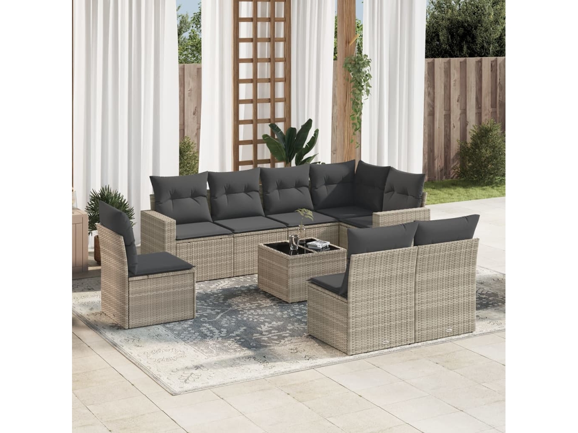 Vidaxl 9 Pcs Conj. Sofás Jardim Com Almofadões Vime Pe Cinzento-claro