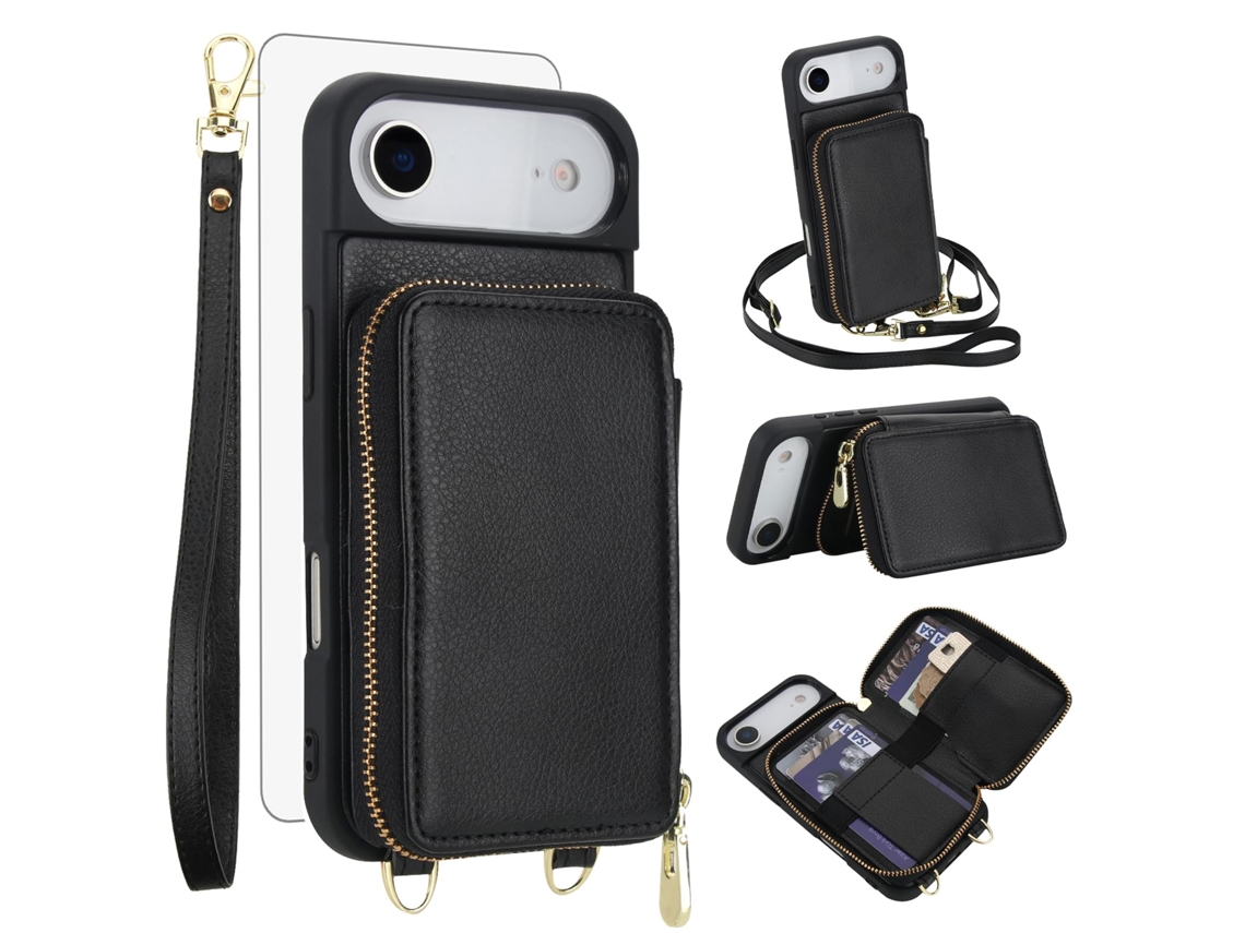 Capa Carteira Para Celular Em Couro Pu+tpu Com Protetor De Tela Para Iphone 17 Air (6,5 Polegadas) - Preta