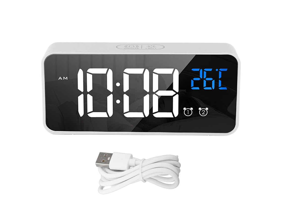 Reloj Despertador Led Espejo Recargable Con 2 Alarmas Activado Por Voz Digital Para Dormitorio Mesa Noche Plata