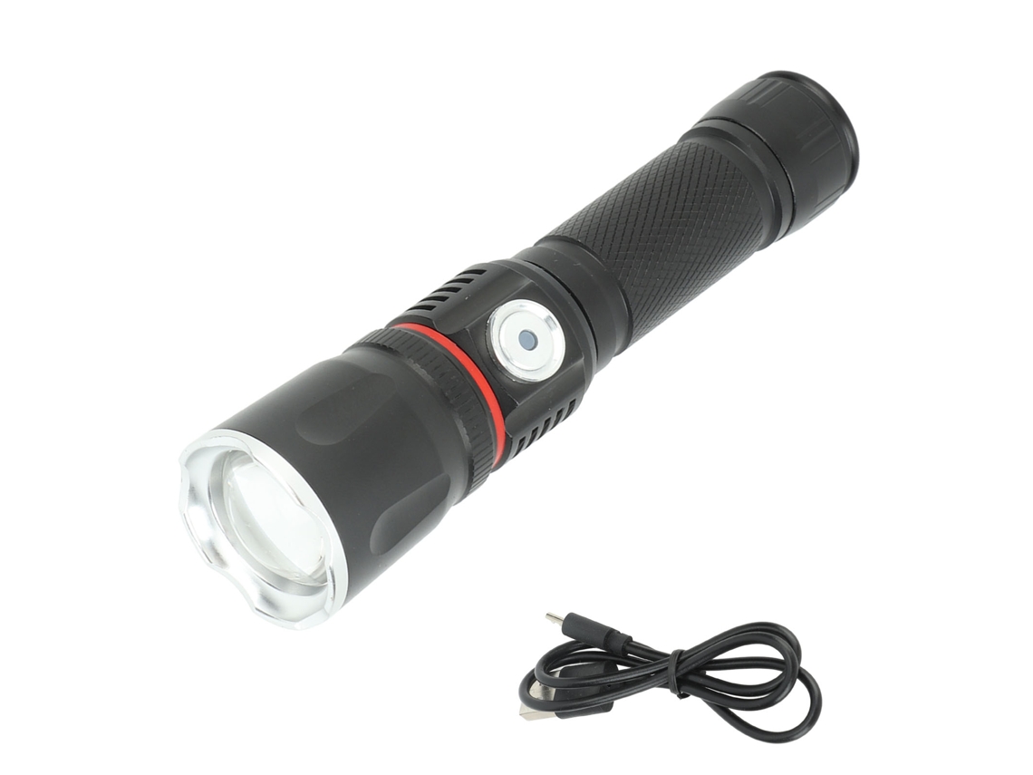 Lanterna LED Bj-Powerful recarregável via USB, em liga de alumínio, com zoom telescópico, COB e ímã na parte traseira para uso externo, preta.