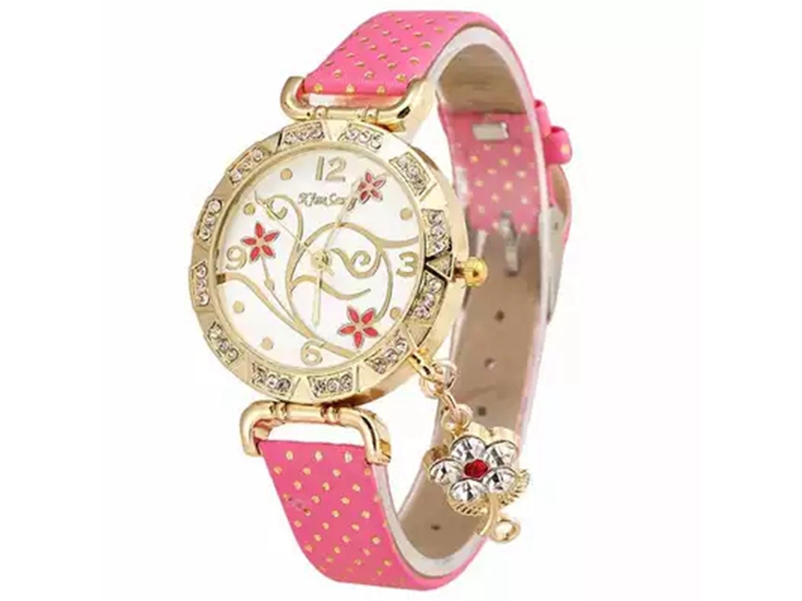 Relógio de Pulso Feminino com Padrão Floral e Strass em Couro Pu Rosa