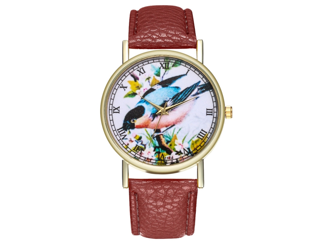 Relógio de Pulso Fashion Quartzo com Strapo de Couro Padrão Ave Dial Redondo Analógico Presente Café