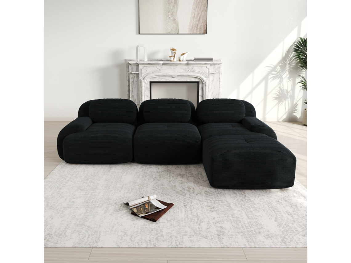 Sofá Modular Canto Preto, Sem Moldura, Veludo Cotelê, Apoios Largos, Pet-friendly.-kd