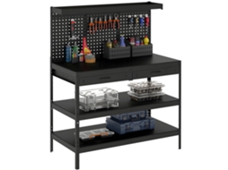 Bancada de trabalho com prateleiras ajustáveis, parede perfurada, 2 gavetas, preto, 122x61x156cm | S/MARCA