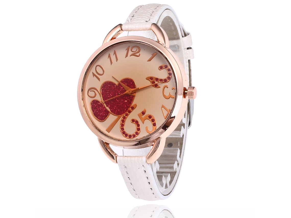 Relógio de Pulso de Quartzo com Dial Redondo e Pulseira de Couro Double Heart Branco