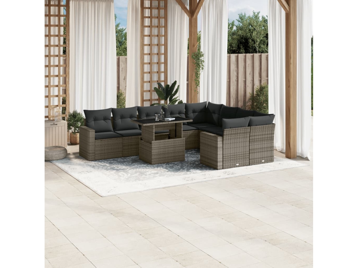 Vidaxl 10 Pcs Conjunto Sofás De Jardim C/ Almofadões Vime Pe Cinzento
