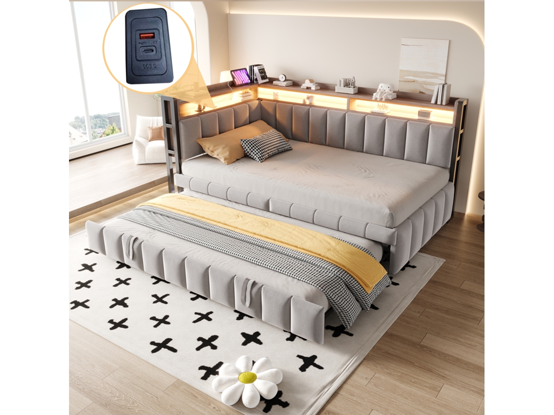 Sofá-cama Cinza Claro 90x200cm Veludo, Retrátil, Led, Usb-c. Cs