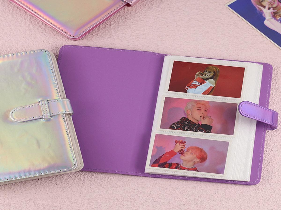 Mini álbum de fotos Lurelia, 96 bolsos, 3 dobras, acabamento em couro, camada de PU