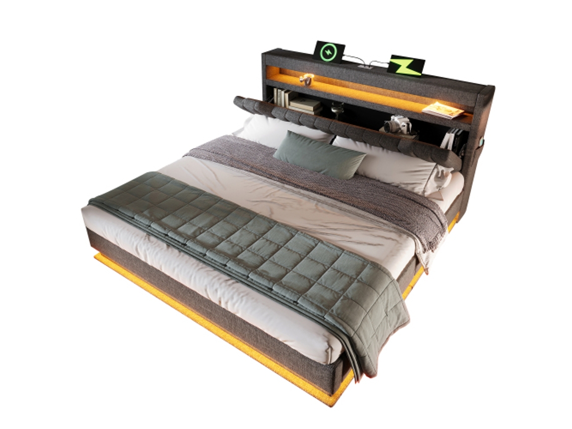 Cama de Casal 140x200cm Estofada com Cabeceira com Armazenamento, Usb, Led DELCOND