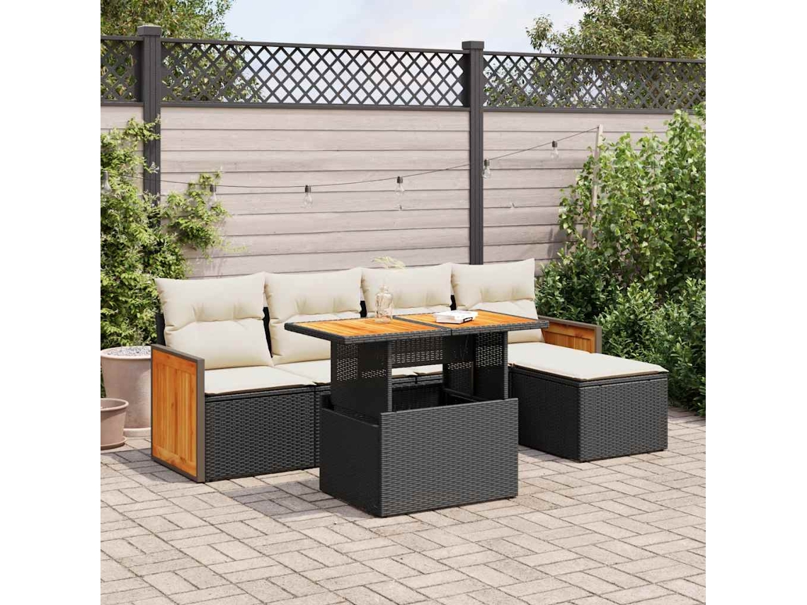 Vidaxl 6 Pcs Conjunto Sofás Jardim C/ Almofadões Vime Pe/acácia Preto