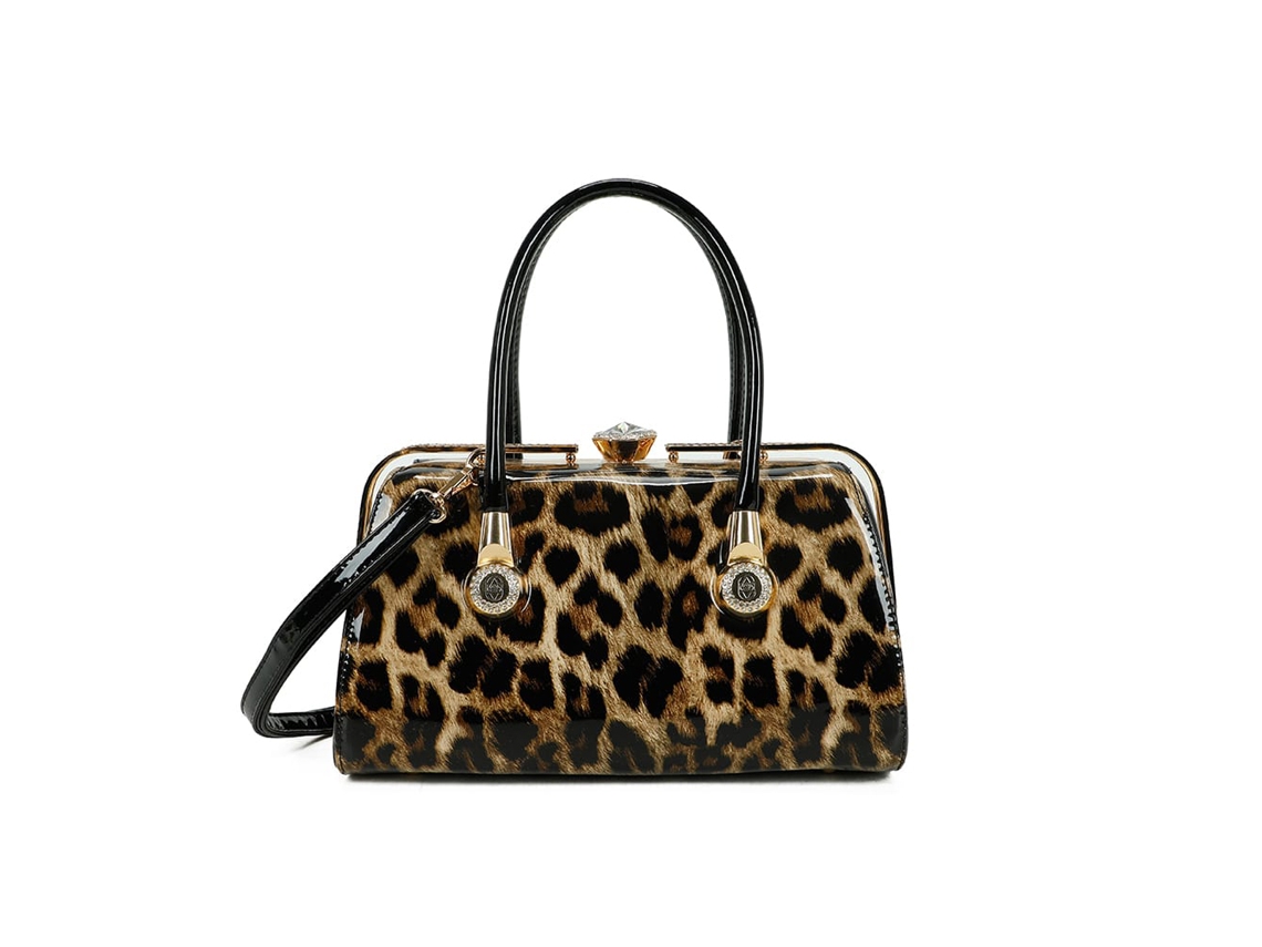 Bolsa De Noite Feminina Envernizada Com Estampa De Leopardo E Fecho De Joia Multifacetado