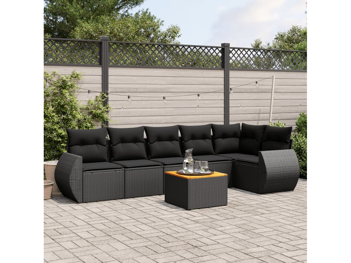 Vidaxl 7 Pcs Conjunto De Sofás P/ Jardim C/ Almofadões Vime Pe Preto