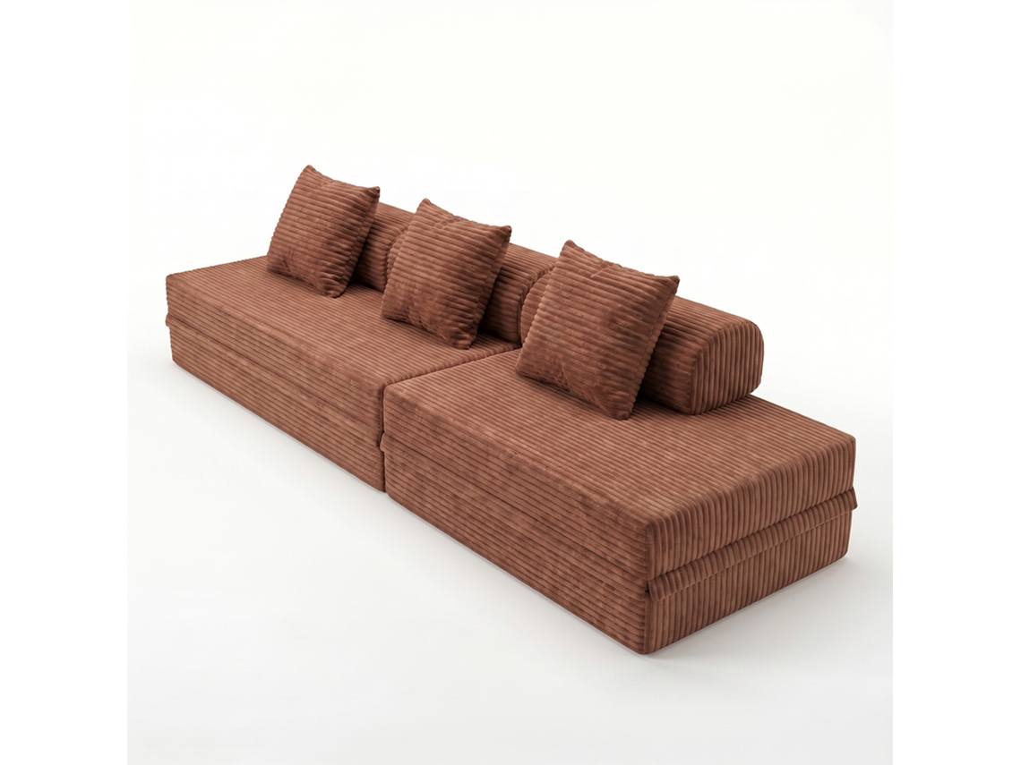Sofá Modular 3+2 Lugares Convertível Veludo Listado Terracota SKOFFA