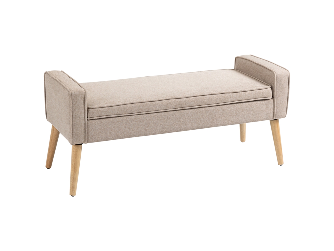 Banco De Bege Armazenamento Estofado Em Linho Com Tampa Abatível E Pés Madeira 120x45x54cm