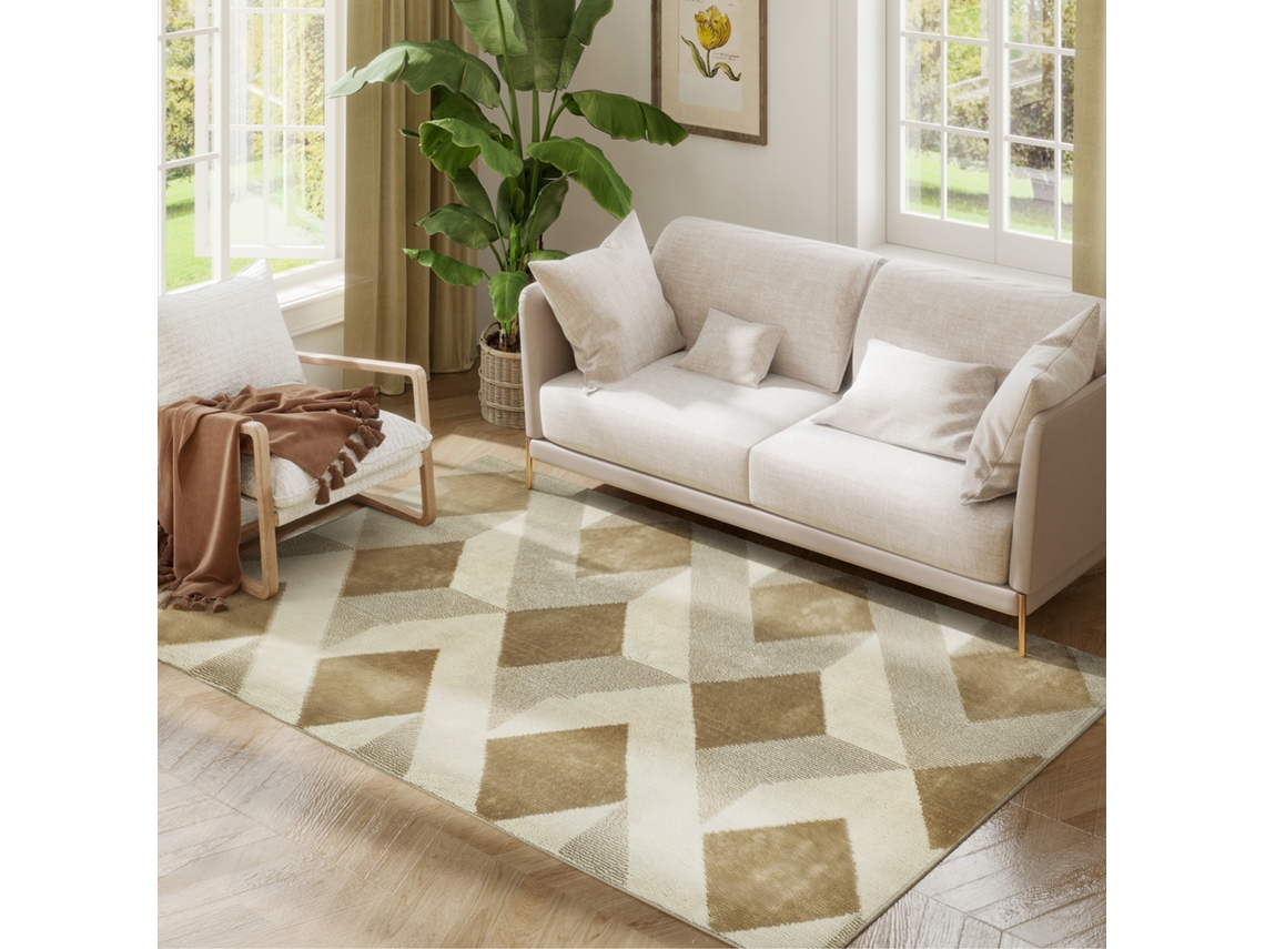 Tapete Para Sala De Estar 170x120 Cm, Pelo Curto, Lavável À Máquina, Estilo Moderno, Creme E Marrom Claro