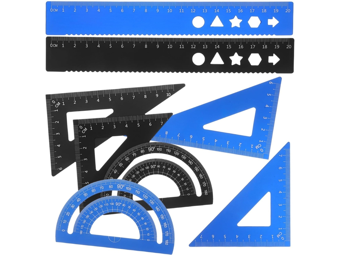 Conjunto de réguas geométricas Toyvian com 8 peças, caixa transparente para transferência e armazenamento, em liga de alumínio.