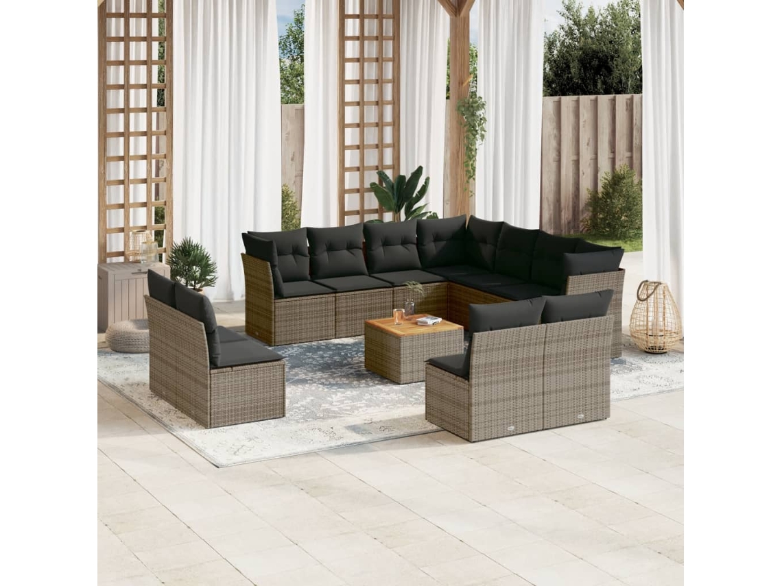 Vidaxl 12 Pcs Conjunto De Sofás Jardim C/ Almofadões Vime Pe Cinzento