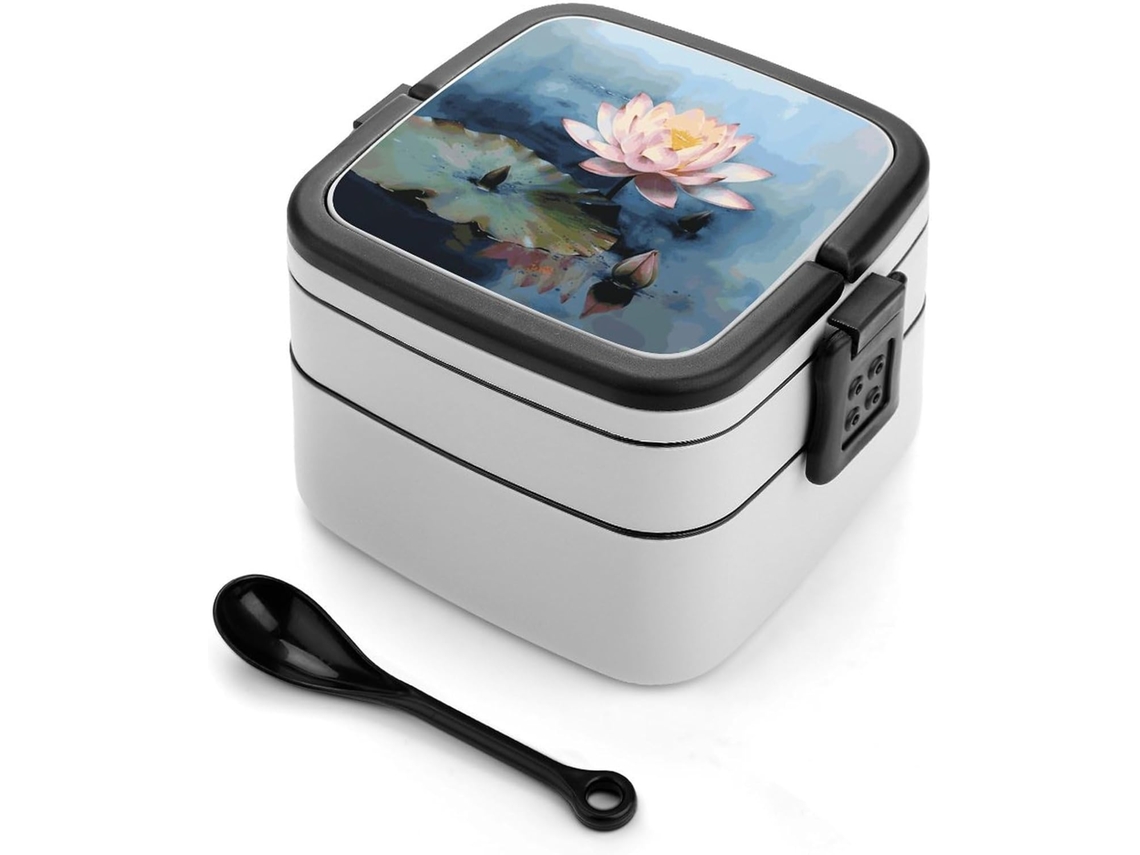 Marmita Bento Com Estampa De Flor Lótus Para Adultos, Selada E Com Colher, Resistente Com Dupla Camada, Fechamento Por