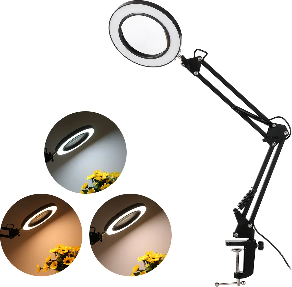 Lupa De Mesa Com Led, Ampliação De 8x, Intensidade Regulável, 3 Modos De Cor E 10 Níveis De Brilho, Braço Giratório E Luminária De Aquaforge