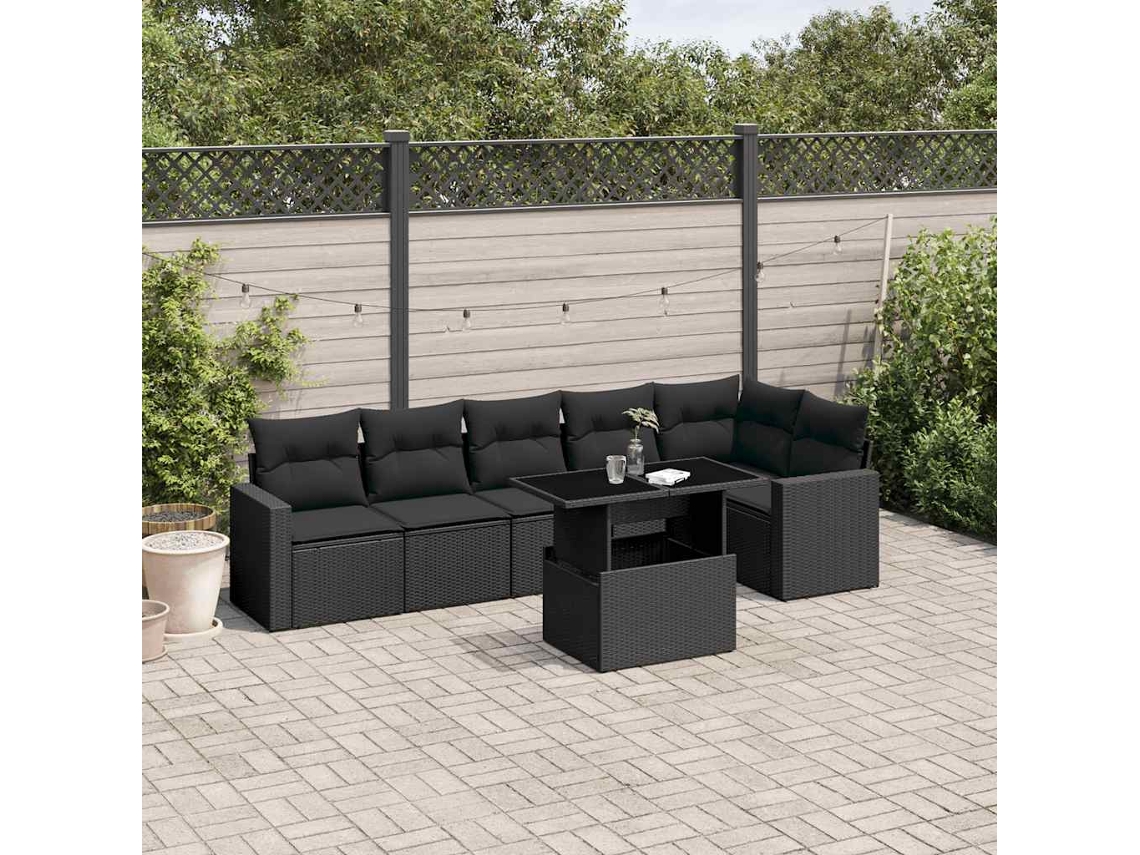 Vidaxl 7 Pcs Conjunto de Sofás P/ Jardim C/ Almofadões Vime Pe Preto
