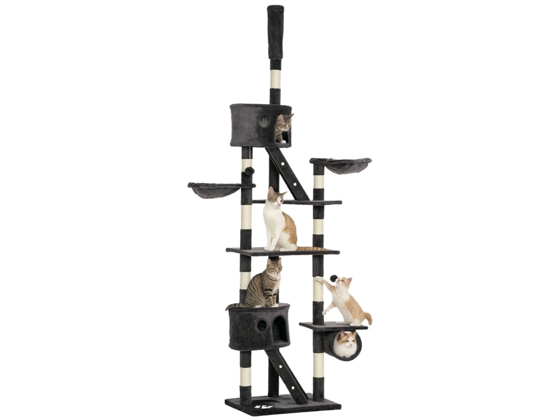 Árvore para Gatos do Chão Ao Teto, 240 260 Cm, com Altura Ajustável, Múltiplas Plataformas, Tocas, Cestos e Rampas, Cinza. ESSÊNCIACASA