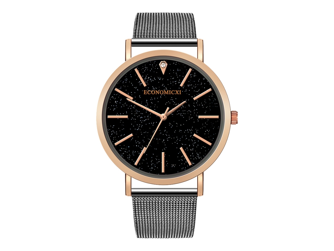 Reloj De Pulsera Casual Para Hombre Con Malla De Aleación Dial Redondo Analógico Cuarzo Negro Y Oro Rosa
