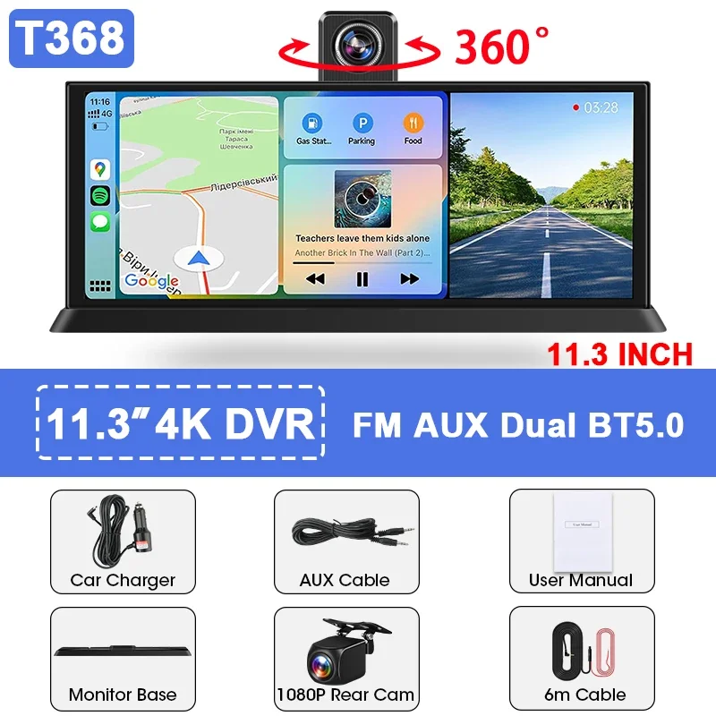 (lente Dupla) Dvr Automotivo De 11,3 Polegadas, 4k Com Carplay