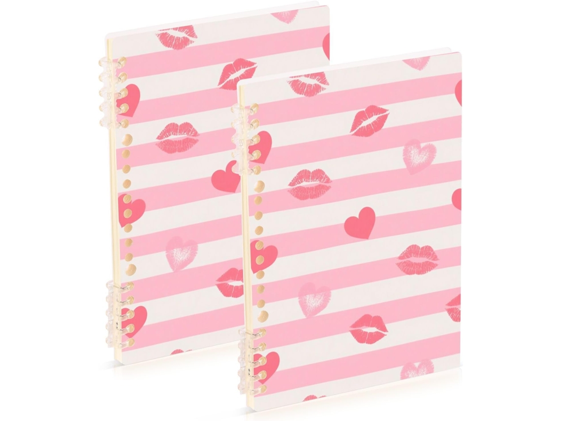 Conjunto de 2 Cadernos Pautados A5 Estampa Coração e Lábios 21,1 X 14,5 Cm Resistentes 60 Folhas para Planej