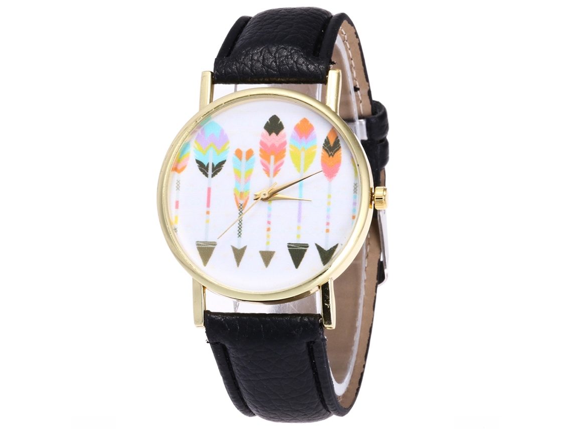 Relógio Casual de Pulsera de Couro Pu Feminino com Movimento de Quartzo Simples (preto)