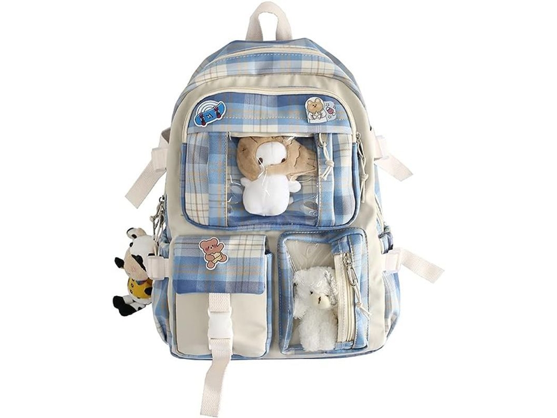Mochila kawaii com pins e acessórios de urso, grande capacidade