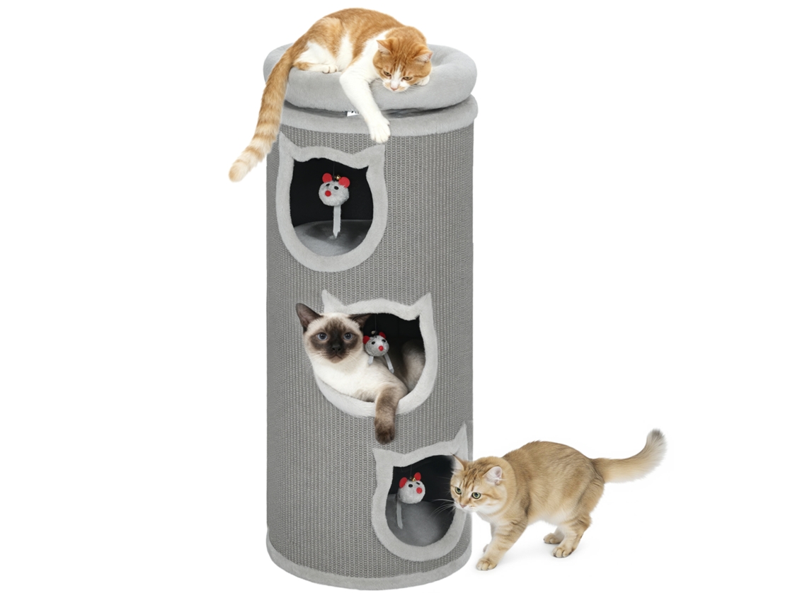 Barril de Arranhar Gato, 96 Cm, Torre de 4 Níveis com Cama Lavável, 3 Cavernas para Dormir, Brinquedo Pendurado, para Vários Gatos Cinza Ge