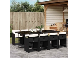 Vidaxl 9 Pcs Conjunto De Jantar P/ Jardim C/ Almofadões Vime Pe Preto