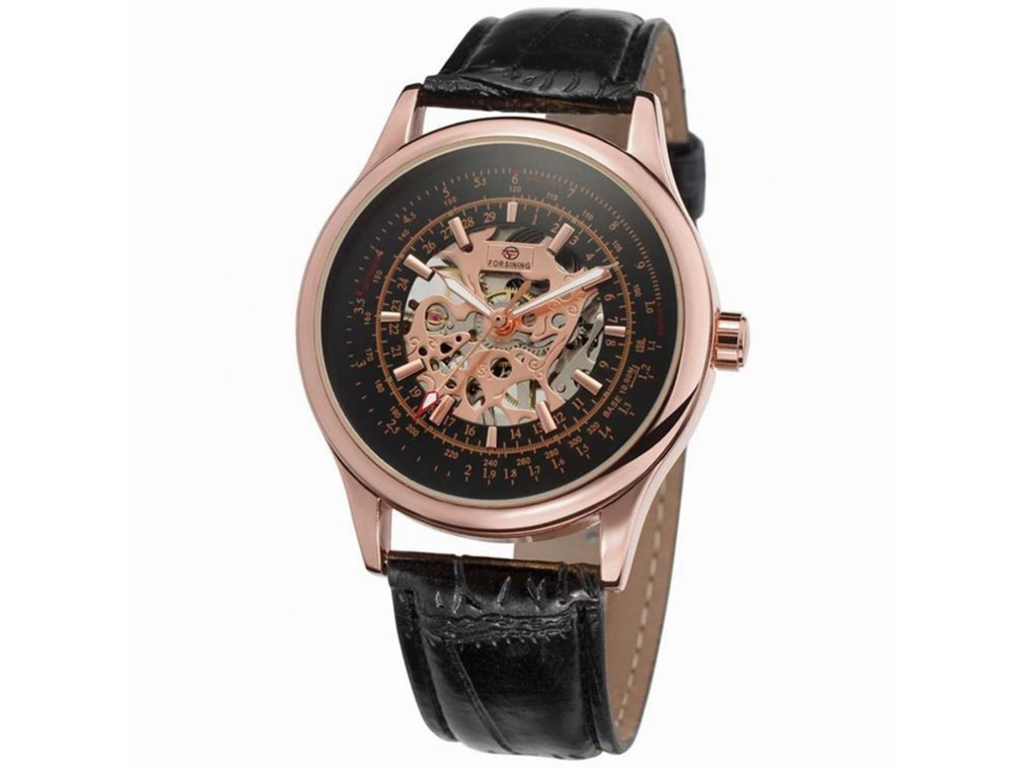 Relógio mecânico automático Forsining com pulseira de couro PU, resistente à água (mostrador preto, caixa em ouro rosa)