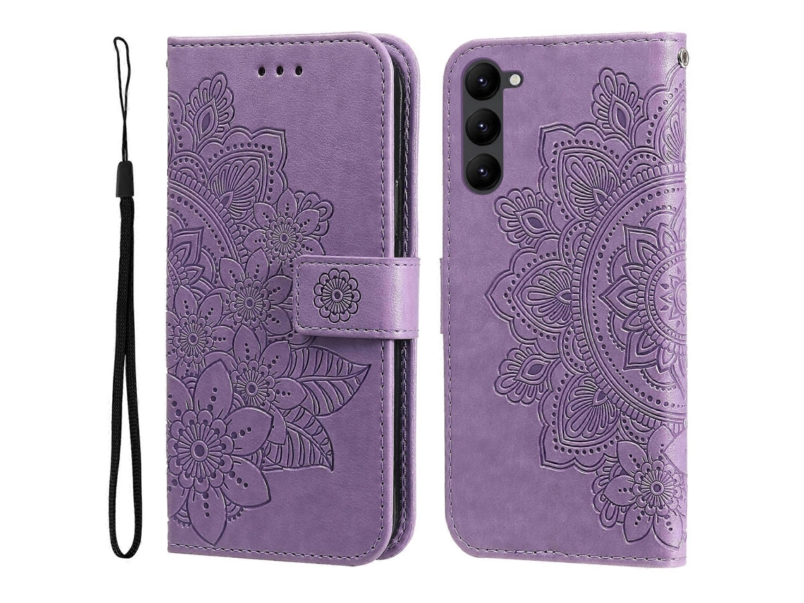 Capa De Celular Em Couro Com Relevo De Flores De 7 Pétalas Para Samsung Galaxy S23+ 5g