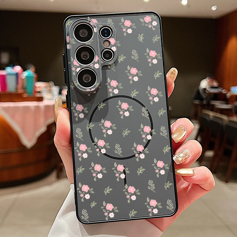 (preto) Capa Magnética Para Celular Samsung Com Estampa Floral Pequena