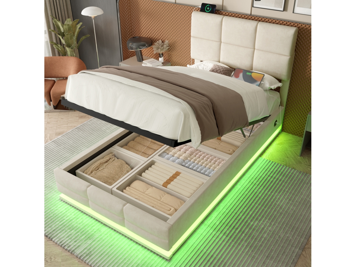 Cama estofada 90x200 cm em veludo bege, cabeceira ajustável, USB e USB-C, LED, baú hidráulico XL, sem colchão VSOGA