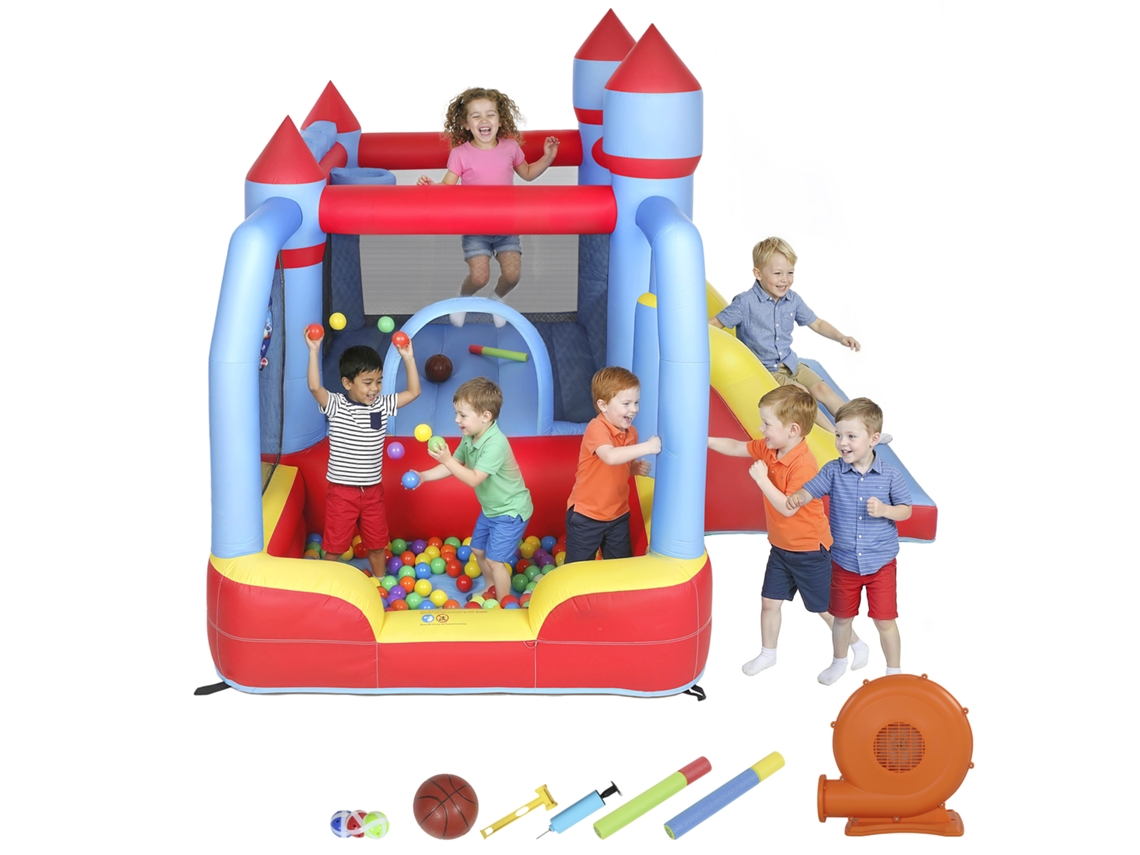 Castelo Insuflável Para Crianças Com Soprador Escorrega Trampolim Piscina Coluna De Boxe E Cesto De Basquetebol 277x270x215 Cm