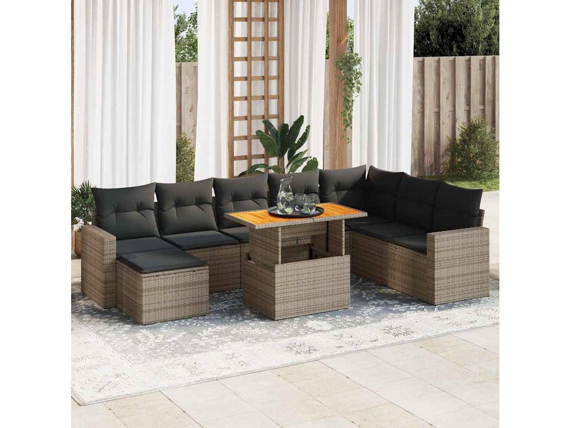 Vidaxl 9 Pcs Conjunto Sofás P/ Jardim Com Almofadões Vime Pe Cinzento