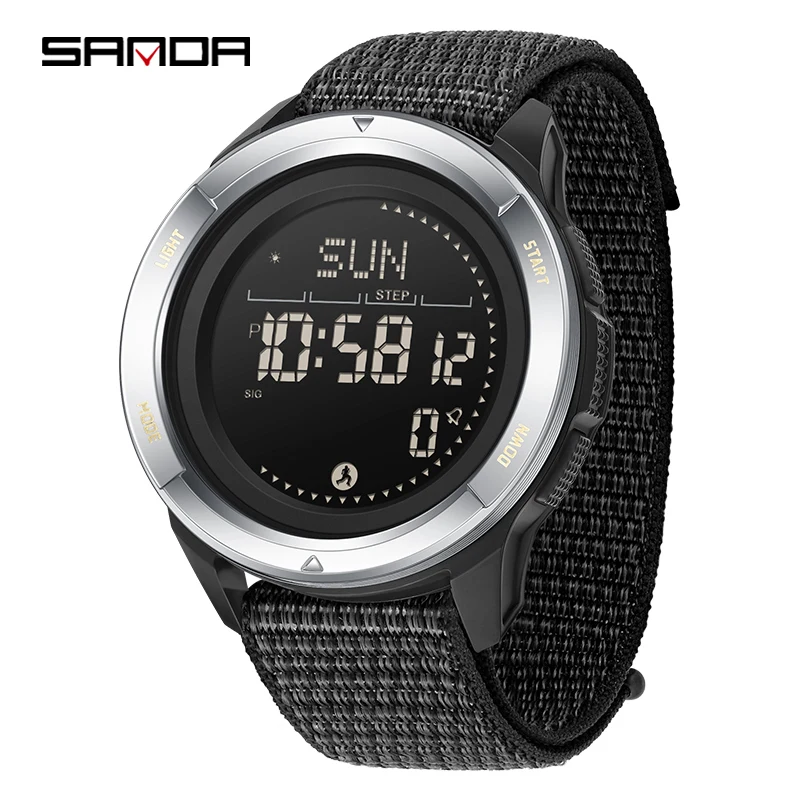 (pulseira De Nylon Preta, Caixa Prateada, Mostrador Preto) Relógio Digital Masculino Com Pedômetro, Bússola E Resistência À Água Para Uso Externo.
