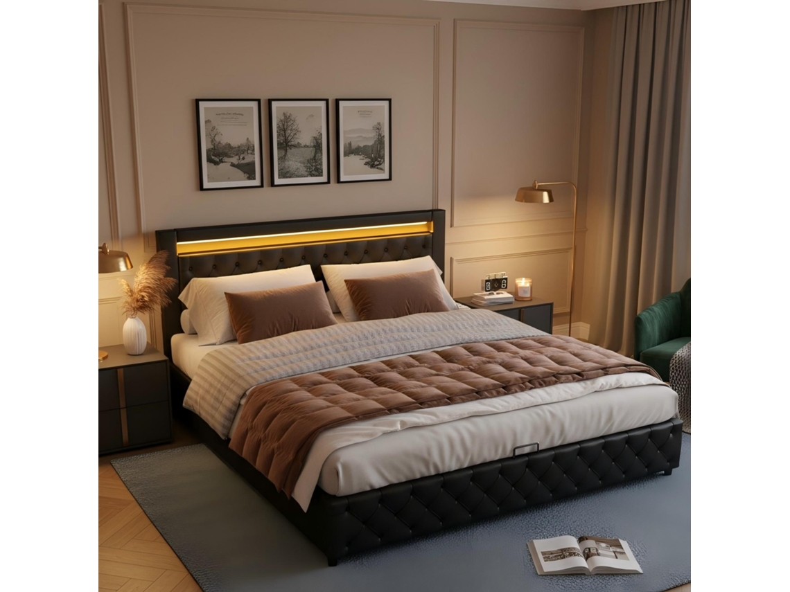 Cama de Casal 180x200 cm com USB, Relógio, Bluetooth, Luz Colorida ZKAKA