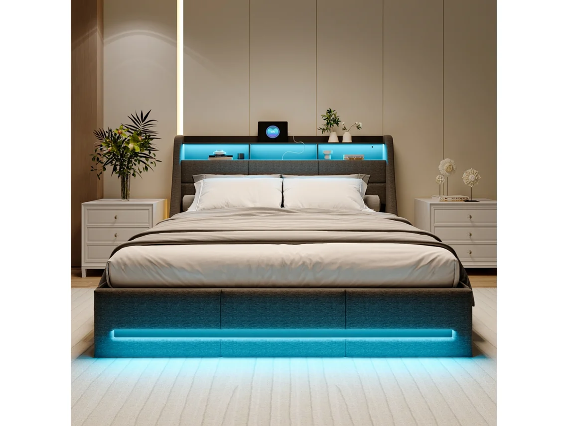 Cama Inteligente 160x200cm, Armazenamento A Gás, Tira Led Rgb, Tomada Europeia, Tela Lona Cinza, Controlo App/telecomando, Estilo Moderno Minimalista