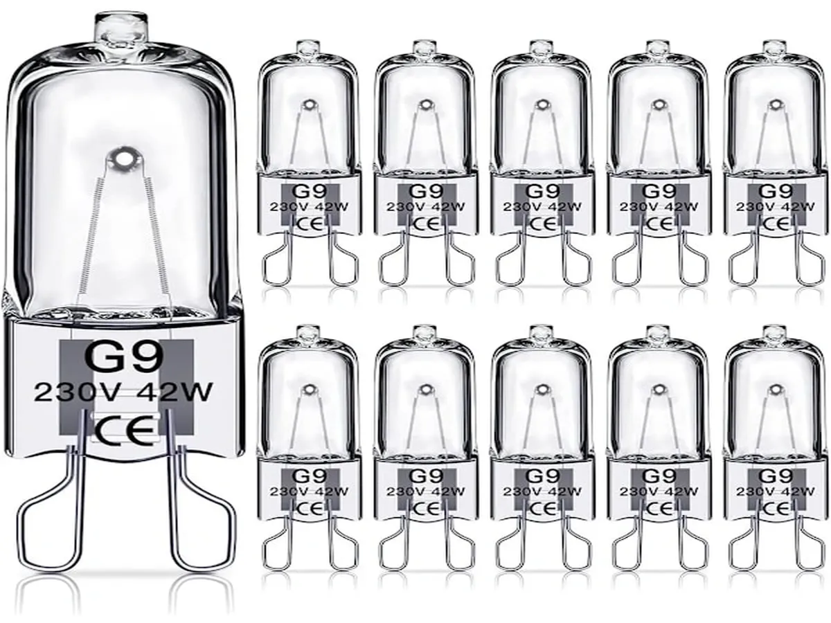 Kit com 10 lâmpadas halógenas Lurelia G9 42W 230V, dimerizáveis, sem fita isolante, para uso interno.