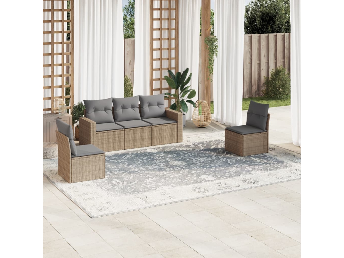 Vidaxl 5 Pcs Conjunto De Sofás P/ Jardim Com Almofadões Vime Pe Bege