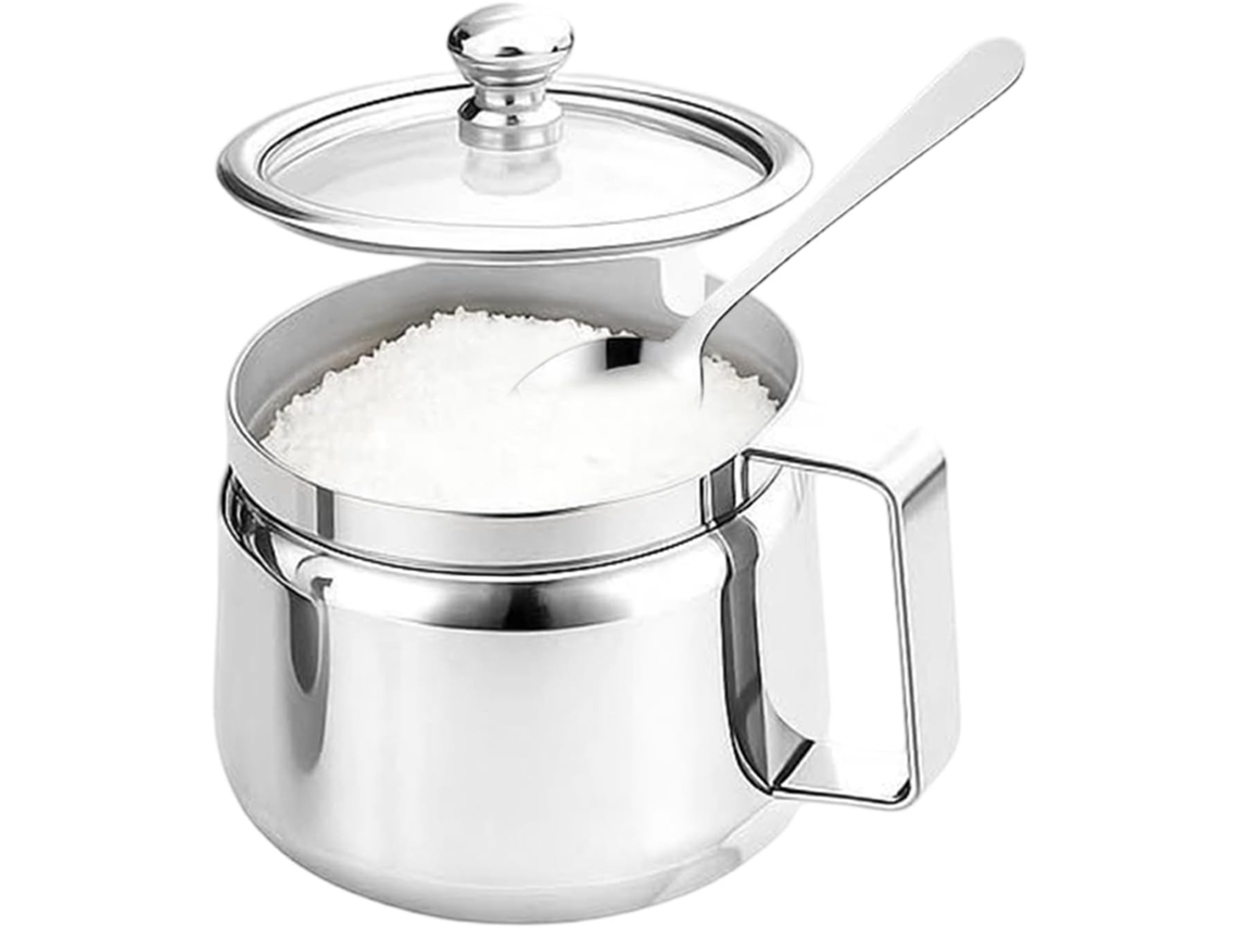 Açucareiro De 500ml Em Aço Inoxidável Com Tampa E Colher Ideal Para Cozinha, Casa, Bar, Chá, Açúca Gokoco