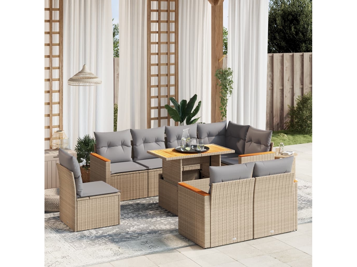 Vidaxl 9 Pcs Conjunto De Sofás P/ Jardim Com Almofadões Vime Pe Bege